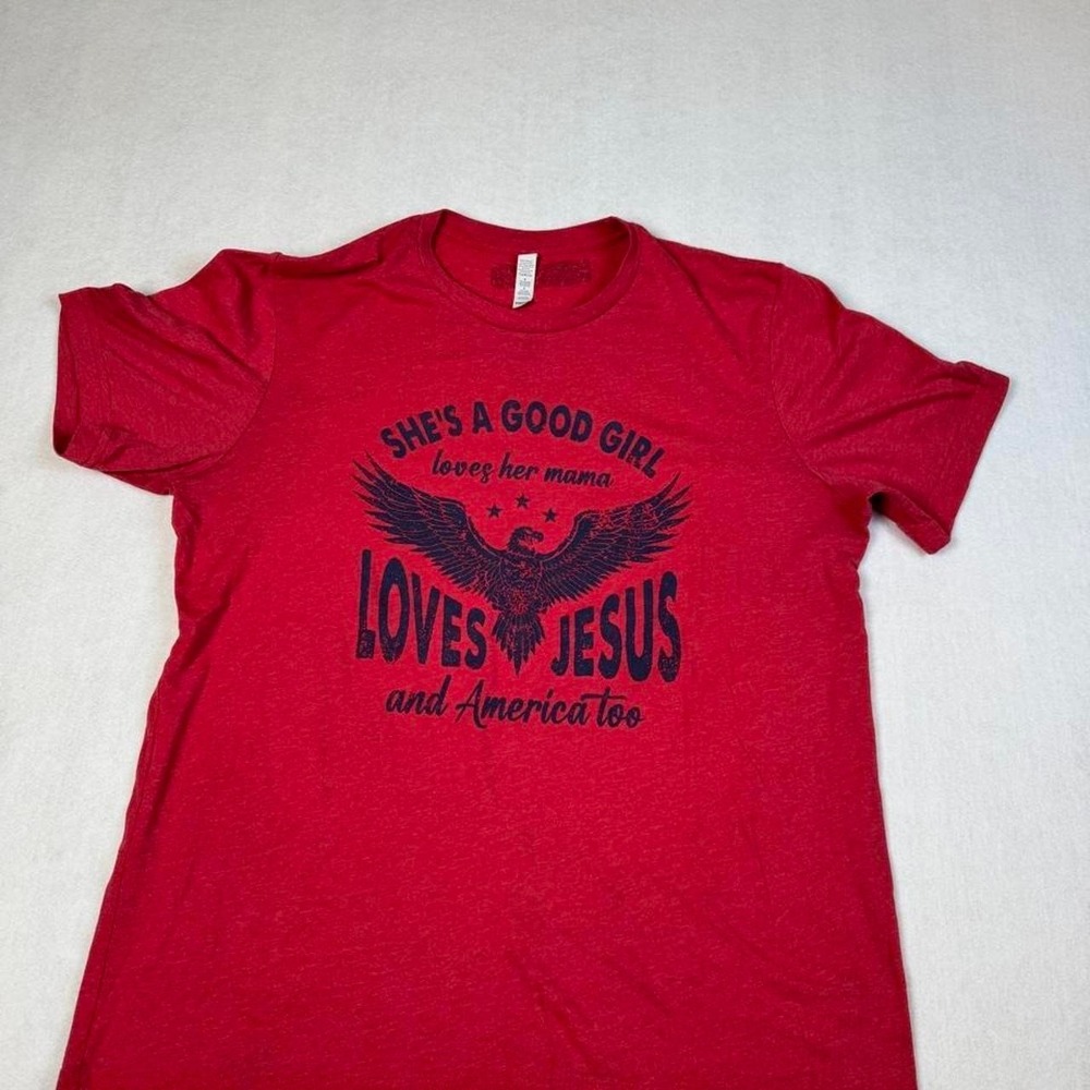 Red cotton & polyester t-shirt with blue eagle graphic Size L